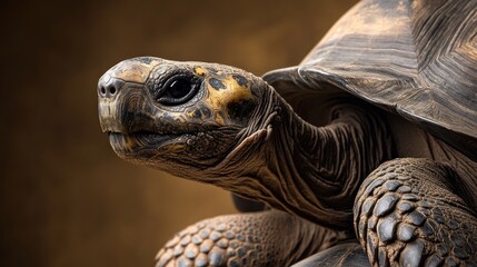 Obraz premium Close-up portrait of a large tortoise, showcasing its textured shell and expressive eyes against a blurred brown background.