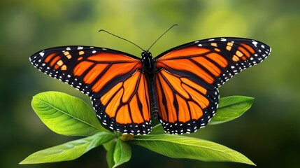 Naklejka premium Monarch butterfly with open wings perched on vibrant green leaves.