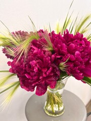 Blooming Paeonia composition in a vase. Flower bouquets. Floral background