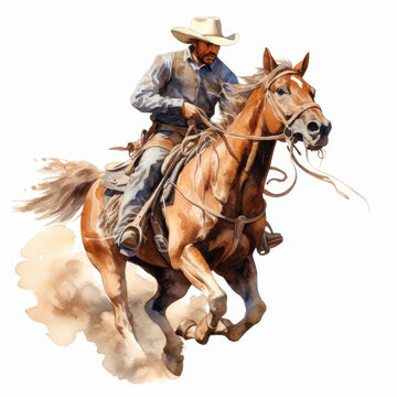 Western Cowboy Riding Horse Illustration - Vintage Style Action Scene Perfect for Wild West Themed Projects