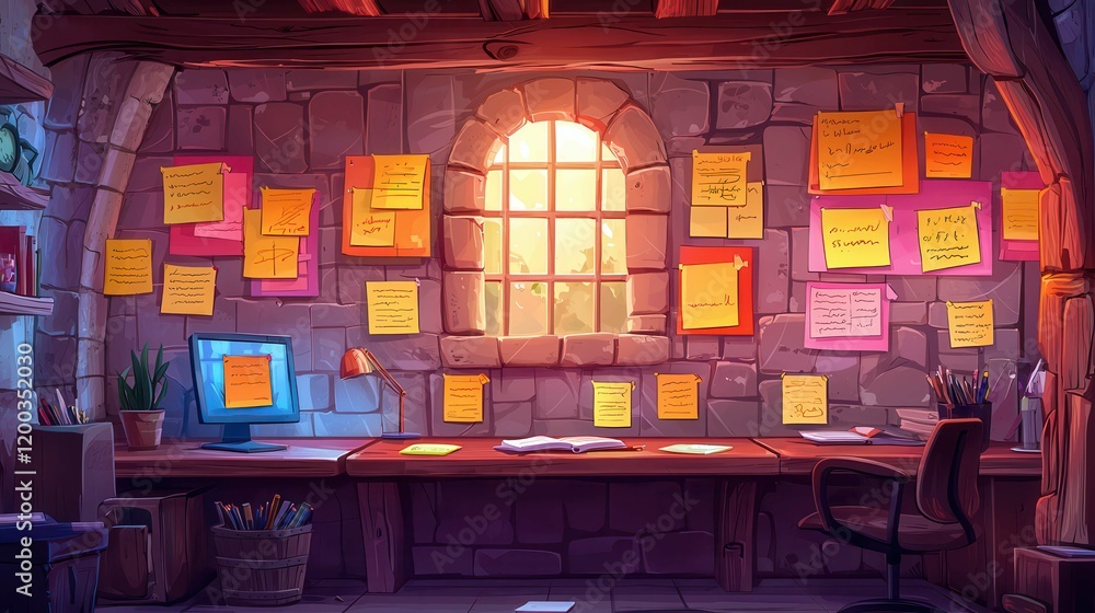 Poster a cozy workspace with notes, a computer, and warm lighting in a rustic environment.