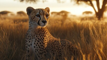 Obraz premium Cheetah in golden savanna grass at sunrise, looking regal and alert.