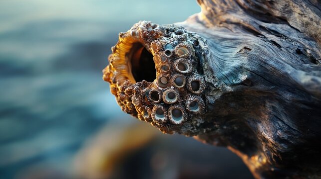 Close-up of barnacles on weathered driftwood against a blurred ocean background.