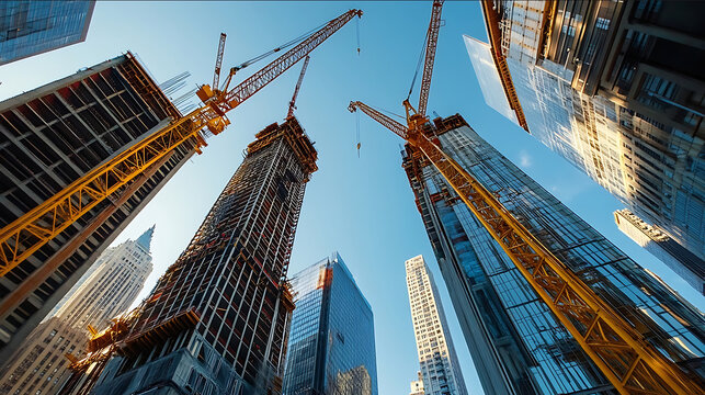 A wideangle photograph of construction cranes and skyscrapers in the city showcasing modern urban development Highrise buildings under active concrete pouring with