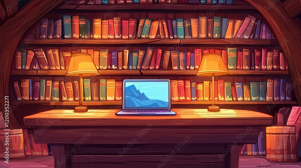 Poster cozy library with a laptop surrounded by books, creating a warm learning space.