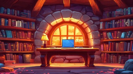 Cozy library with a glowing window and a laptop on a wooden table.