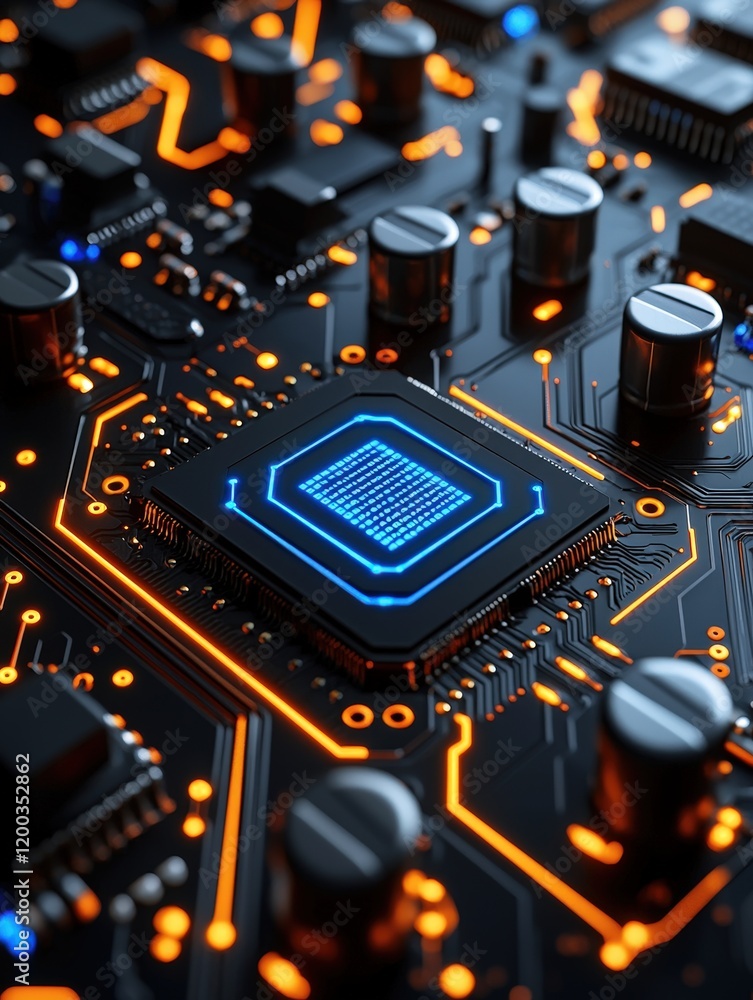 Poster close-up of a futuristic circuit board with glowing orange lines and a blue processing unit. ideal f