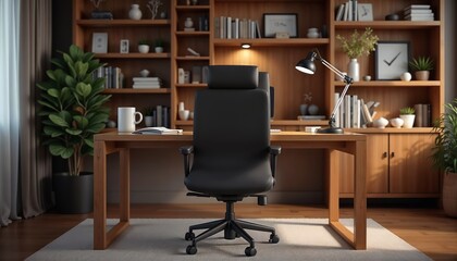 Modern office workspace with a wooden desk, laptop, mug, lamp, bookshelf, and potted plants.Productivity. Organization. Comfort. A balanced, productive environment.workspace design, office promotion, 