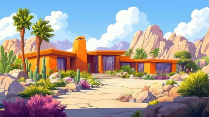 A vibrant desert house surrounded by colorful plants and mountains under a blue sky.