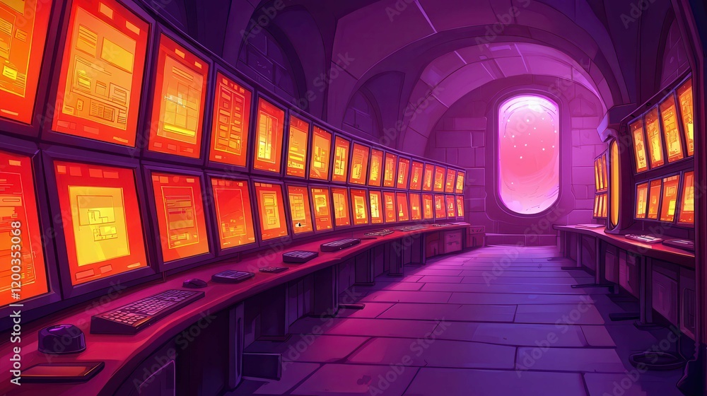 Poster a futuristic room with multiple orange-lit computer screens and a window showing a celestial view.