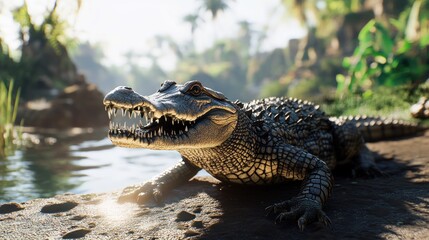 Obraz premium A large alligator rests near a jungle riverbank at sunrise.