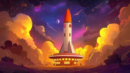Fototapeta premium A colorful rocket launching into a vibrant night sky filled with stars and clouds, showcasing a whimsical cartoon style.