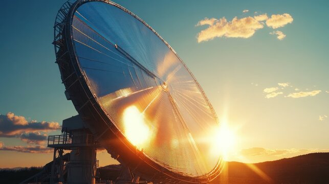 Large parabolic solar reflector reflecting sunset light.