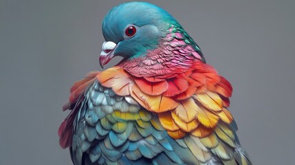 Vibrant iridescent pigeon with colorful plumage against a grey background.