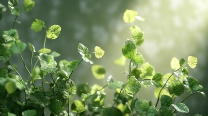 Sunlit green plants with dew drops.
