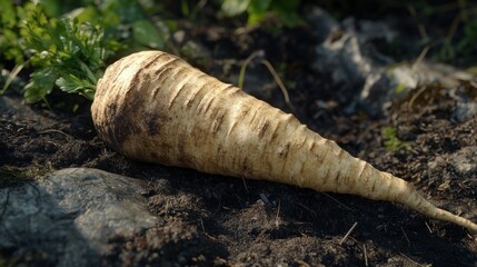 Fototapeta premium Freshly harvested parsnip in garden soil.