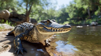 Obraz premium Close-up of a crocodile by a riverbank in a lush forest.