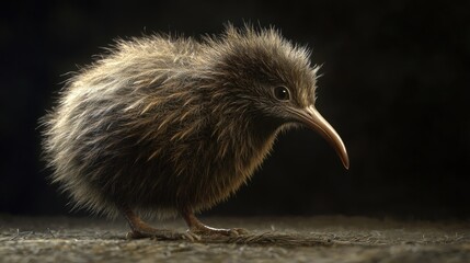 Fototapeta premium Fluffy brown kiwi chick standing on dark background.