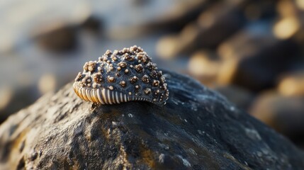 Close-up of a spiky seashell resting on a dark rock at the beach during sunset.