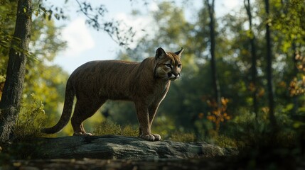 Fototapeta premium Cougar standing on a rock in a forest.