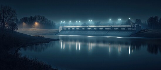 Fototapeta premium Night view of a dam and calm river reflecting lights.