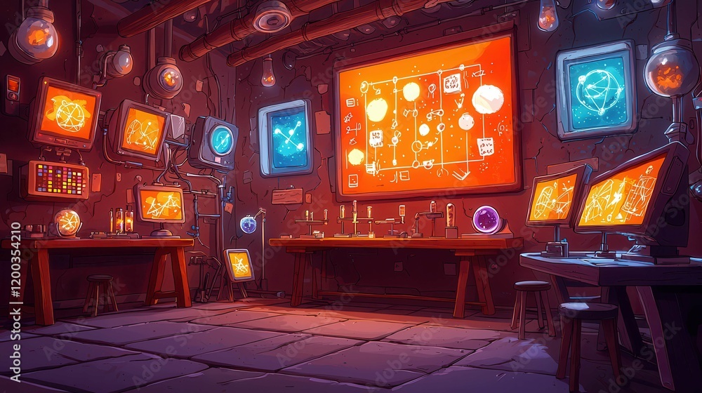 Poster a colorful laboratory filled with scientific tools and glowing screens, featuring various charts and
