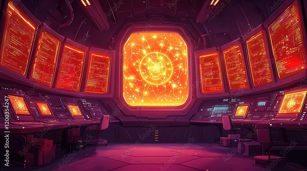 Poster futuristic control room with glowing screens displaying cosmic data and a bright window.