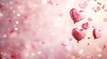 Obraz premium Pink heart-shaped balloons floating with rose petals in a romantic Valentine's Day setting.Love, affection, joy.Copy space, banner, romantic theme, decorations, event promotion, love celebrations.
