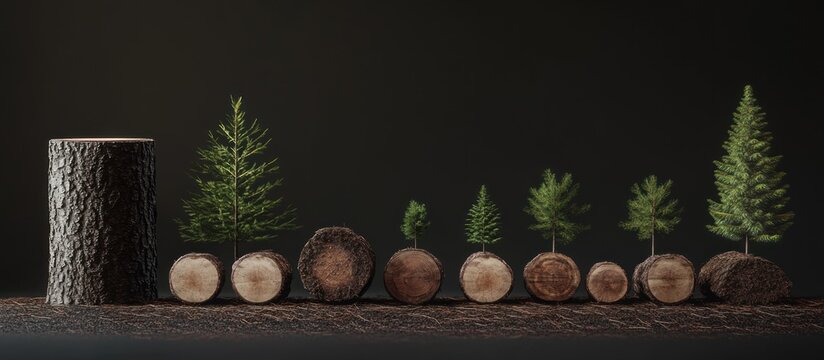 Tree growth stages from sapling to mature tree on wood slices.