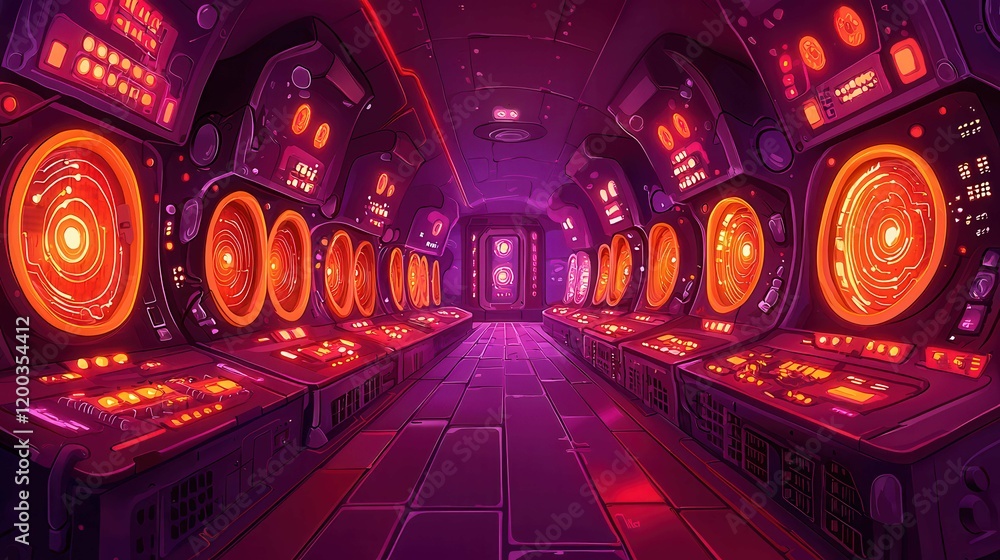 Poster a futuristic control room with glowing circular interfaces and vibrant colors creating a sci-fi atmo