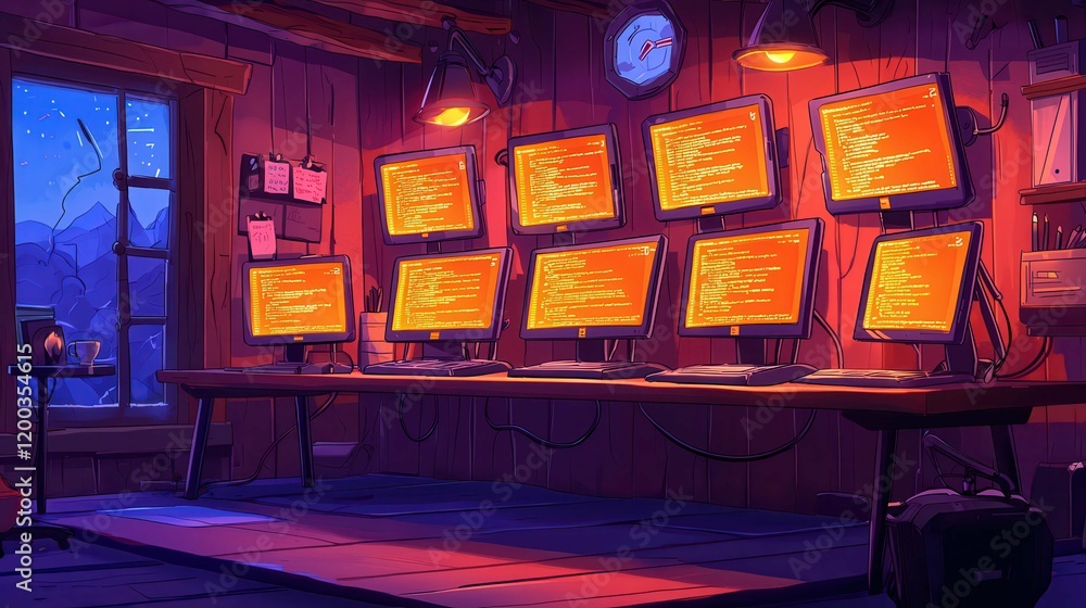 Poster a cozy, dimly lit workspace with multiple monitors displaying code, set in a cabin with a rustic bac