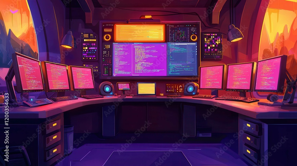 Poster a vibrant tech workspace featuring multiple screens and colorful coding interfaces.