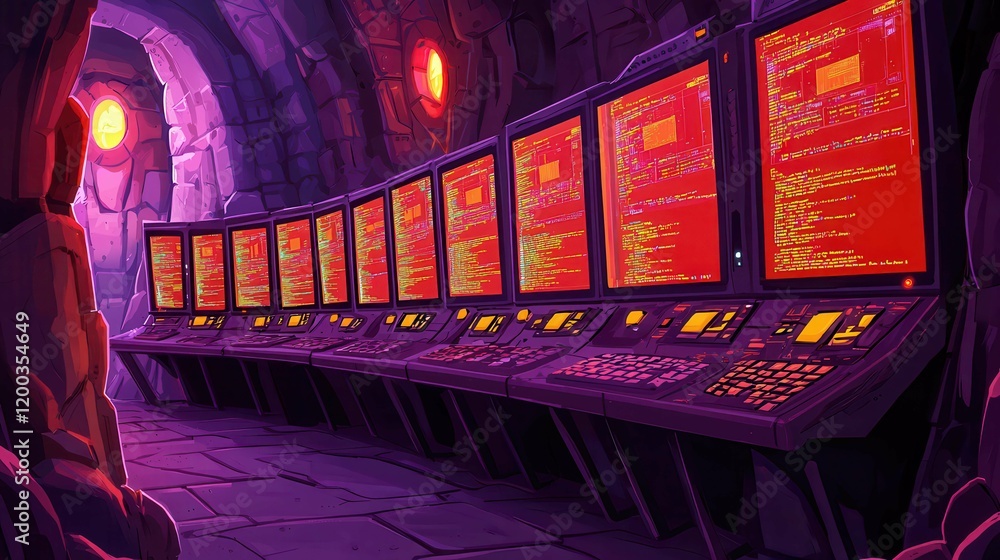 Aufkleber a vibrant cartoon depiction of a futuristic control room with multiple screens displaying code, set 