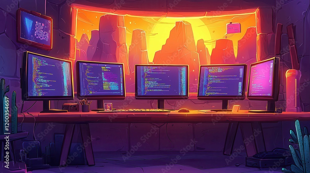 Poster a colorful, animated workspace with multiple monitors showcasing code against a scenic sunset backgr