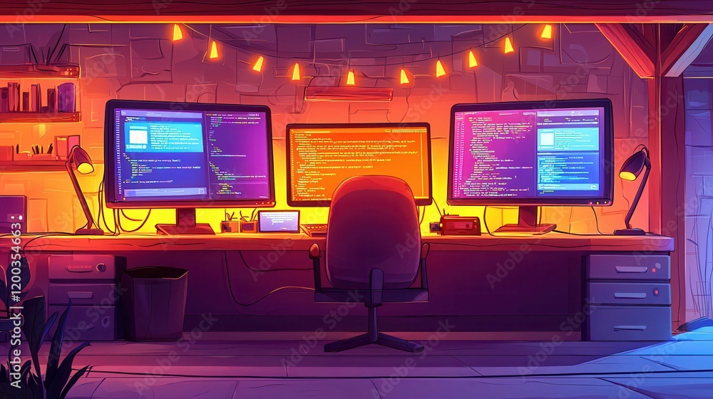 Poster a cozy workspace featuring multiple computer monitors in a warm light setting.