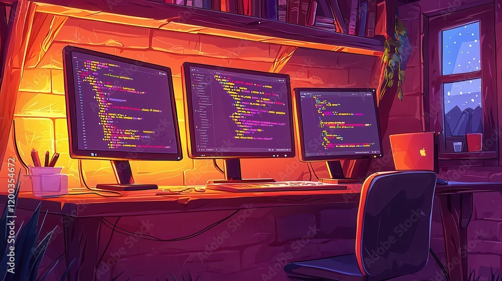 Poster colorful coding setup with multiple monitors in a cozy room at night.