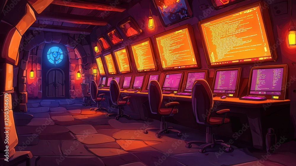 Poster a vibrant animation studio interior with multiple screens and seating, creating a cozy yet high-tech