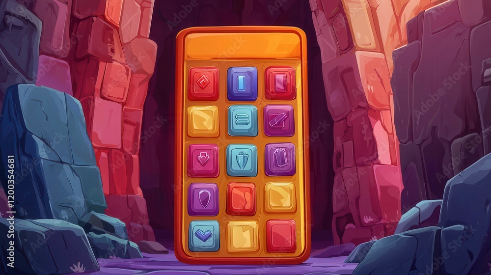 Poster a colorful puzzle game interface featuring various gems and icons in a surreal cave setting.