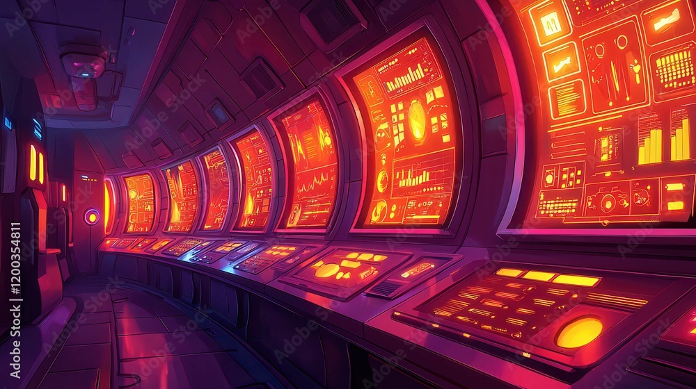 Poster a futuristic control room with glowing screens displaying data and graphics.