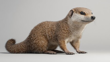 A cute, young yellow mongoose sitting and looking to the right against a light gray background.