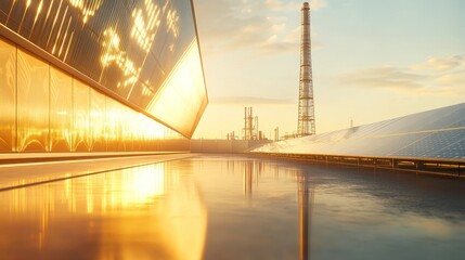 Modern building reflecting sunset, with industrial and solar energy elements.