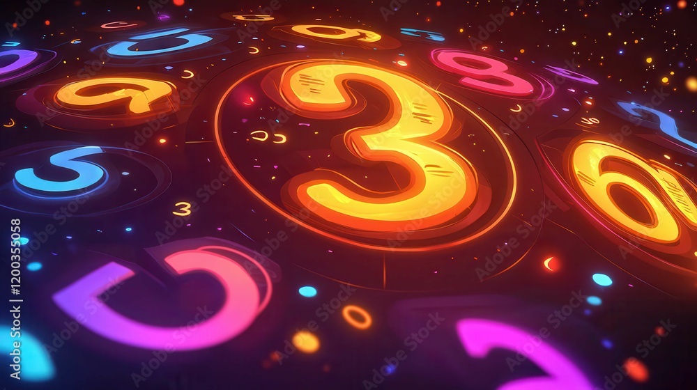 Poster colorful illuminated numbers in a dark and abstract digital space.