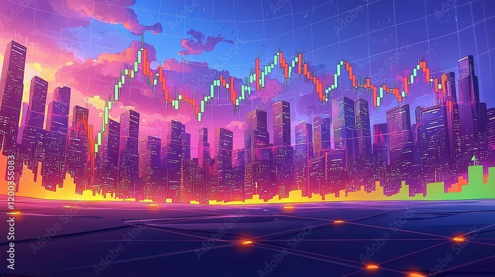 Aufkleber a vibrant city skyline with colorful bar graphs representing data analysis in a digital atmosphere.