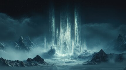 Ethereal light beams pierce a mystical, snow-covered mountain landscape at night.