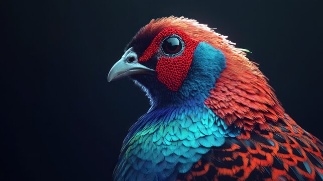 Vibrant close-up of a male Himalayan monal pheasant's head and neck, showcasing its iridescent plumage against a dark background.