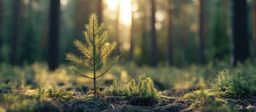 Small pine tree seedling growing in a forest at sunset.