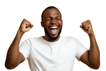 Portrait of delighted positive person closed eyes raise fists shout yeah isolated PNG

