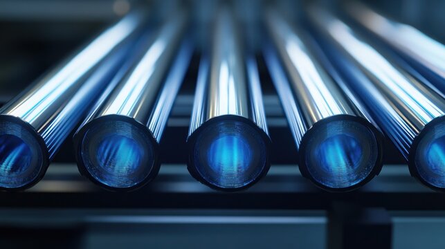 Close-up of shiny metal pipes with blue light emitting from their ends.