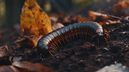 Fototapeta premium Close-up of a large millipede crawling on dark soil among autumn leaves.