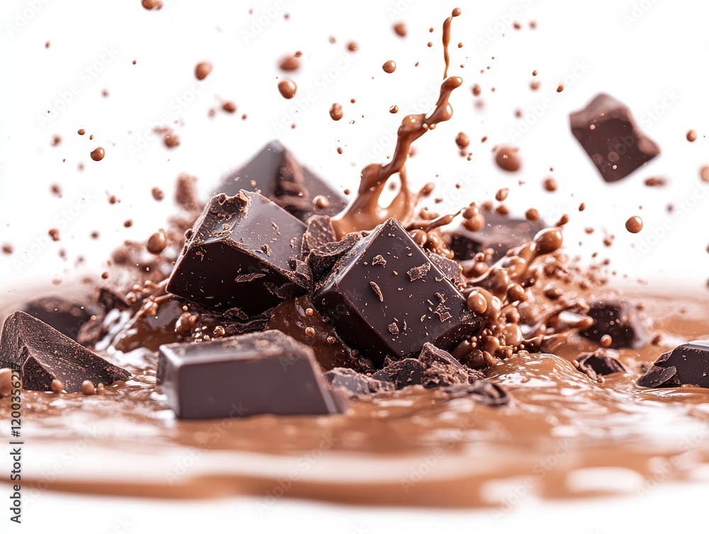 Aufkleber dark chocolate chunks splashing into melted chocolate, creating a dynamic scene.